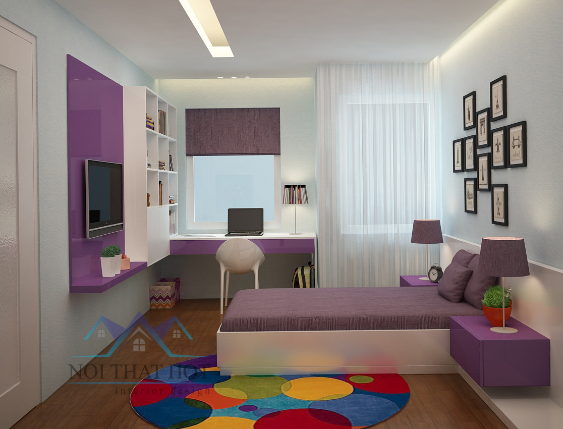 thiết kế chung cư với phòng ngủ màu tím