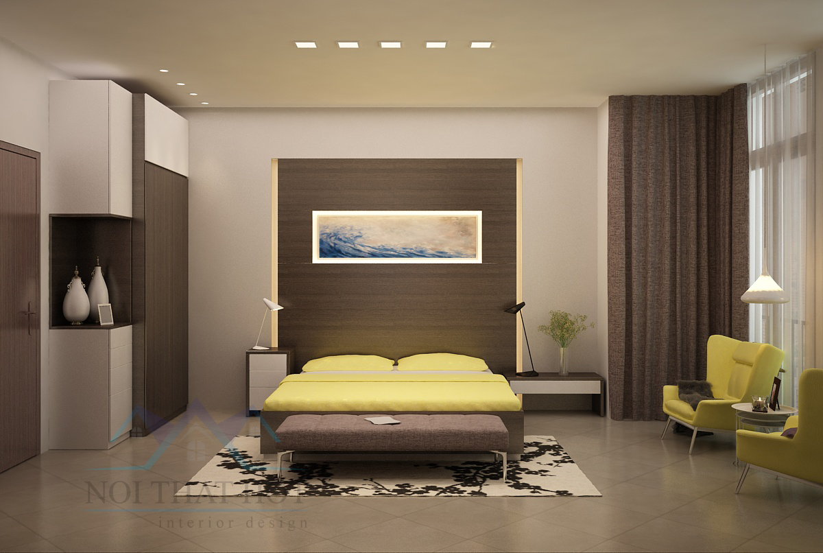 thiết kế nội thất nhà ở 3 phòng ngủ, thiết kế phòng ngủ hiện đại, màu vàng